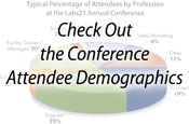 "Check out the Conference Demographics" text with a pie chart in the background